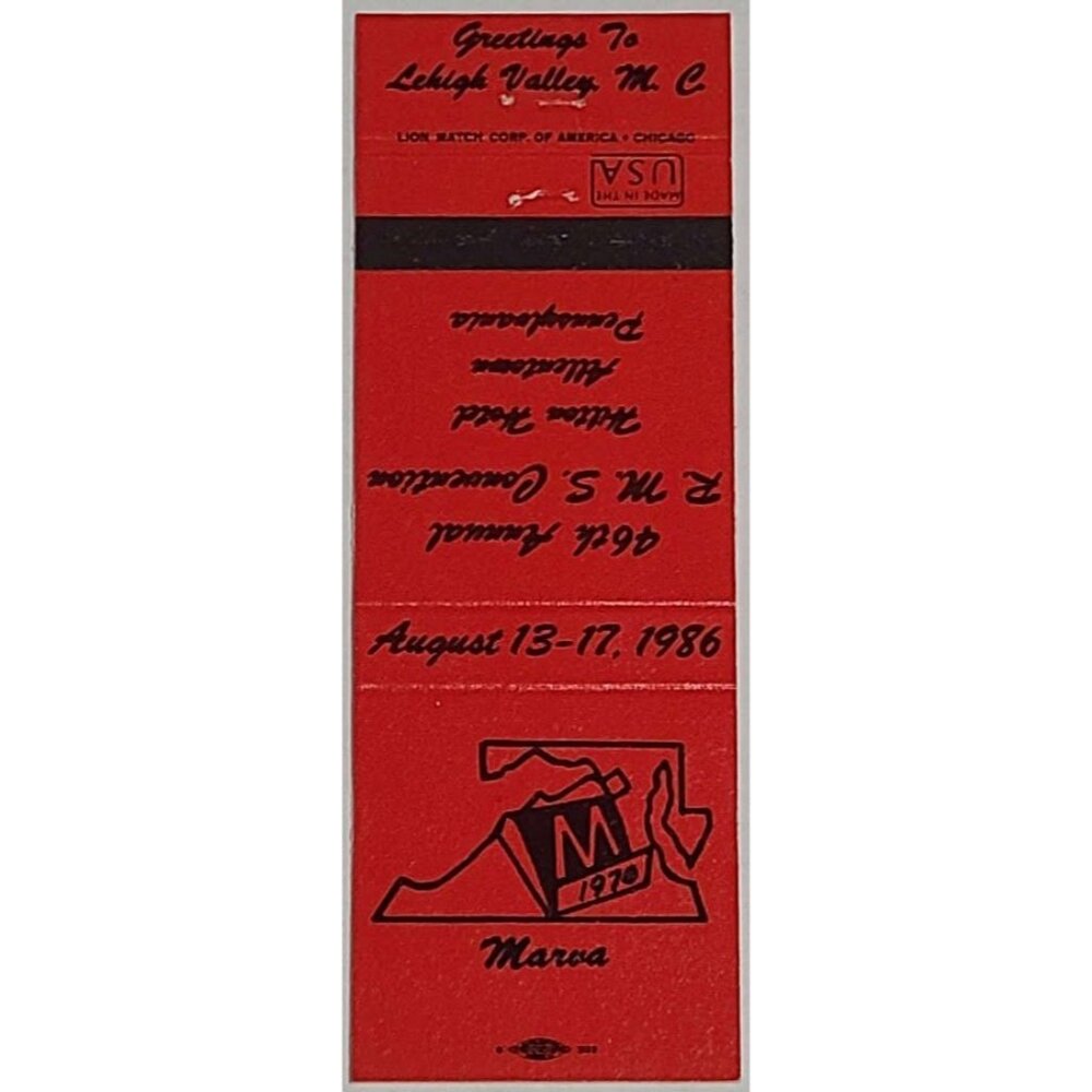 Vintage Matchbook Cover Marva MC RMS 1986 Lehigh Valley PA Convention Red